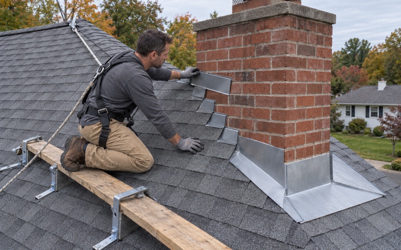 A roofer setting new counter flashing into a cut mortar joint on a brick chimney in East Brunswick Township.