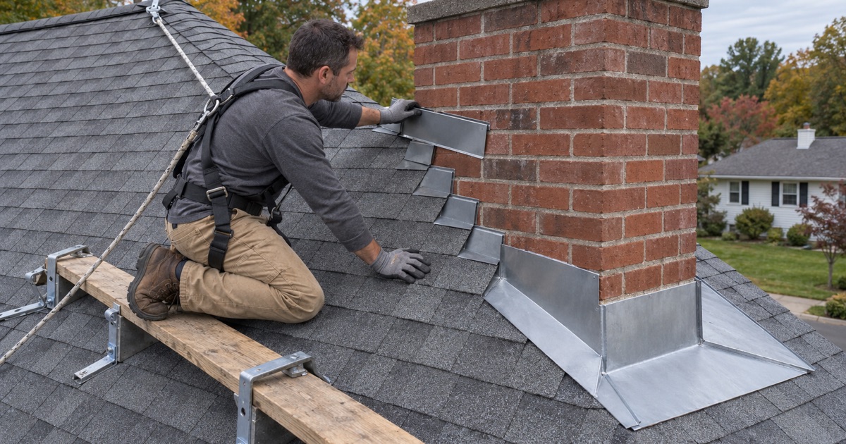 A roofer setting new counter flashing into a cut mortar joint on a brick chimney in East Brunswick Township.