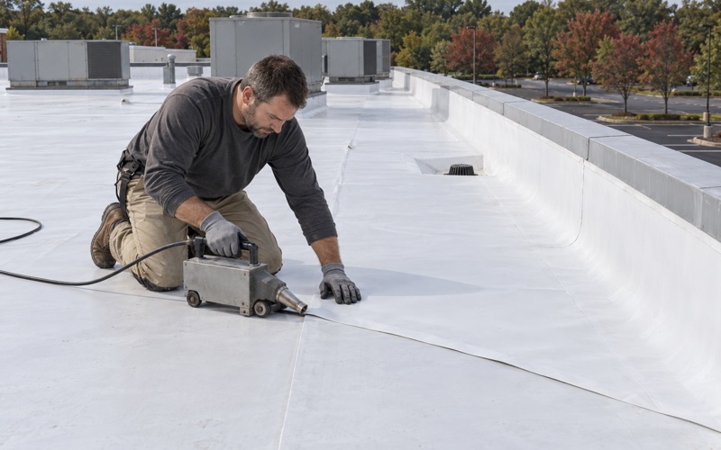 A roofer welding a seam on new white membrane on the flat roof of a one-story retail building in East Brunswick Township.