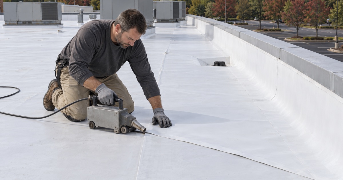 A roofer welding a seam on new white membrane on the flat roof of a one-story retail building in East Brunswick Township.