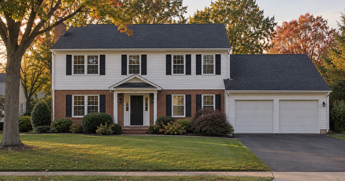 A finished new roof on an East Brunswick Township colonial in evening light, gutters and trim complete.