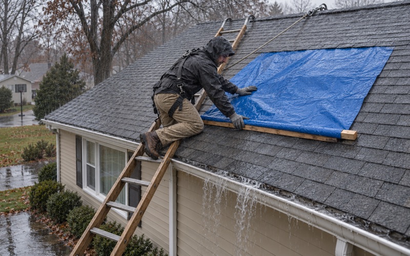 A roofer fastening an emergency tarp under the shingles above a damaged section of an East Brunswick Township ranch in the rain.
