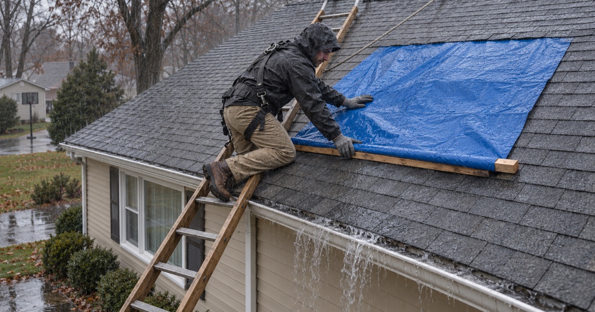 A roofer fastening an emergency tarp under the shingles above a damaged section of an East Brunswick Township ranch in the rain.