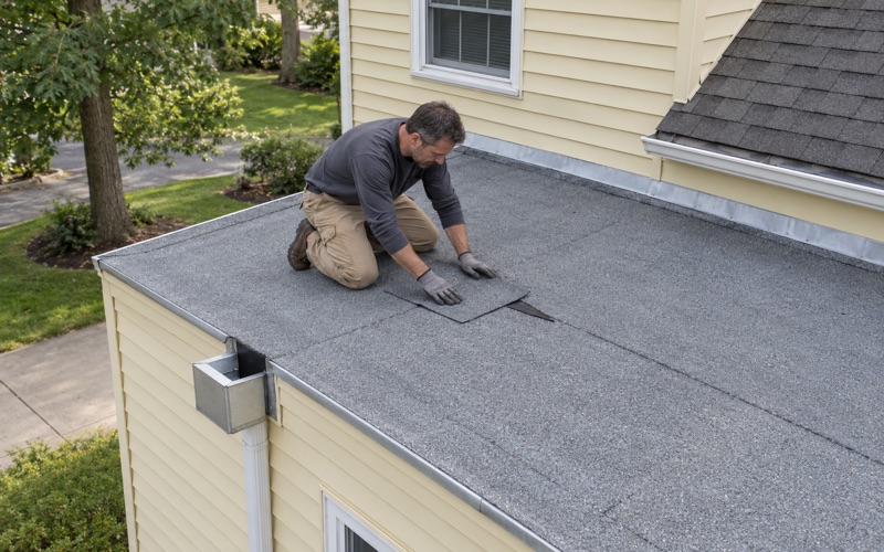 A roofer pressing a patch over a split seam on the flat roof of a two-story addition in East Brunswick Township.