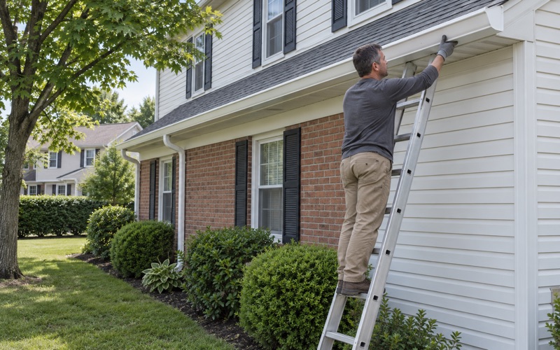 A roofer guiding a new seamless gutter onto its hangers along the eave of an East Brunswick Township colonial.