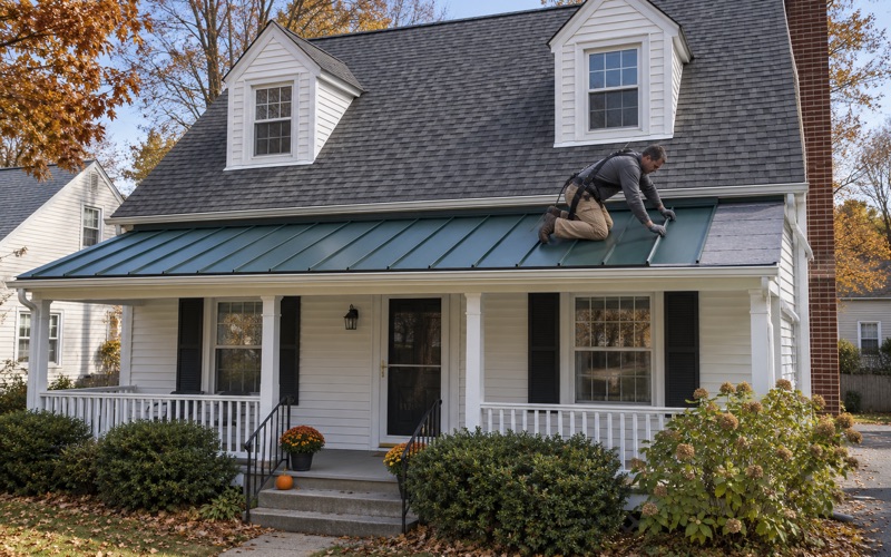 A roofer seating a standing-seam steel panel on the low front porch roof of an East Brunswick Township cape.