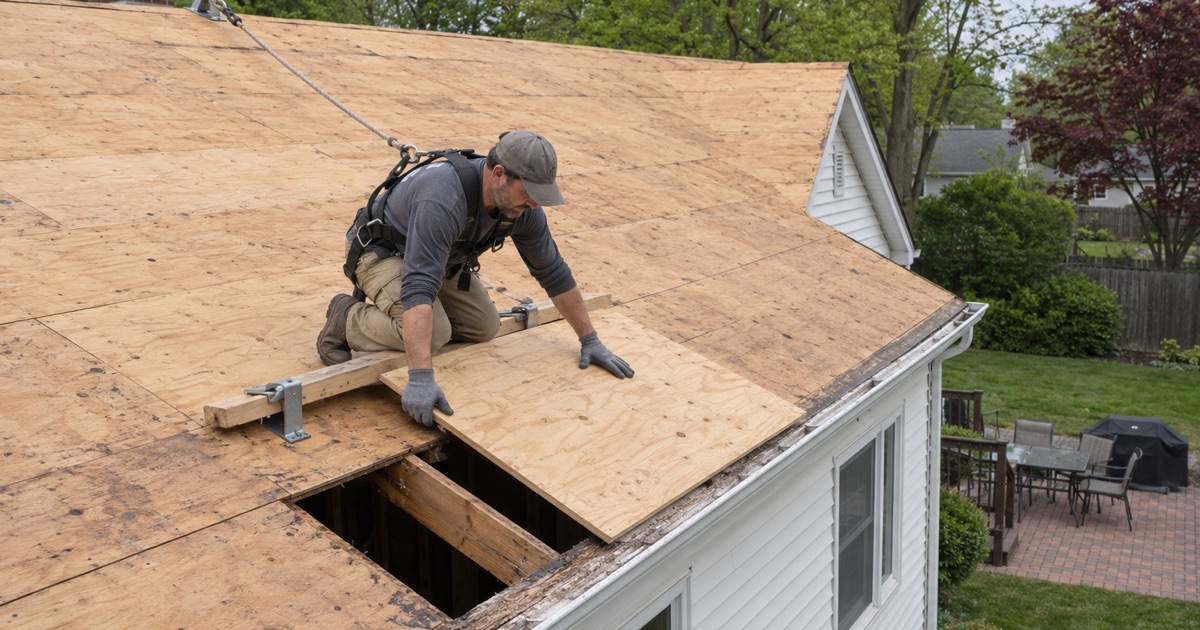 A new plywood sheet going down over the rafters where rotted decking was cut out during a re-roof in East Brunswick Township.