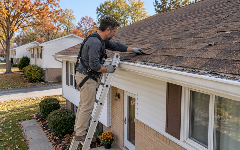 A roofer inspecting worn shingles and loose granules from a ladder at the eave of an East Brunswick Township bi-level.