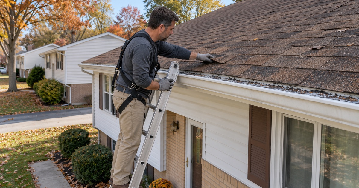 A roofer inspecting worn shingles and loose granules from a ladder at the eave of an East Brunswick Township bi-level.