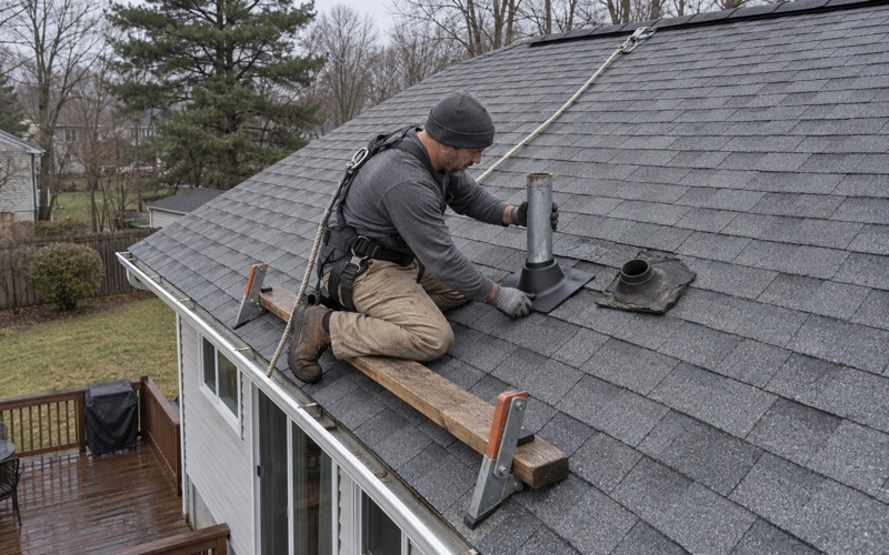 A roofer fitting a new pipe boot around a plumbing vent to stop a roof leak on an East Brunswick Township bi-level.