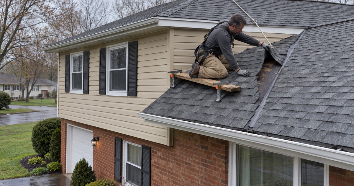 A roofer opening the shingles along a valley to trace a leak on an East Brunswick Township split-level.