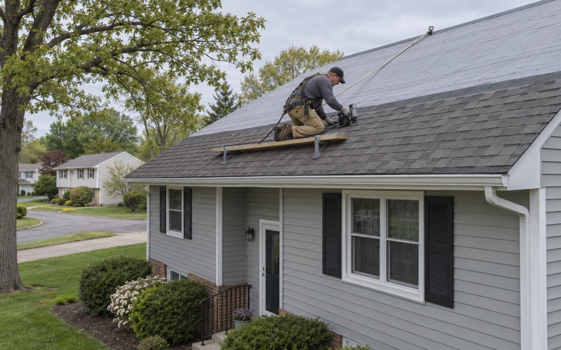A roofer nailing new architectural shingles over fresh underlayment during a full roof replacement on an East Brunswick Township split-level.