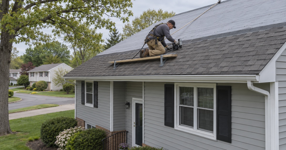 A roofer nailing new architectural shingles over fresh underlayment during a full roof replacement on an East Brunswick Township split-level.