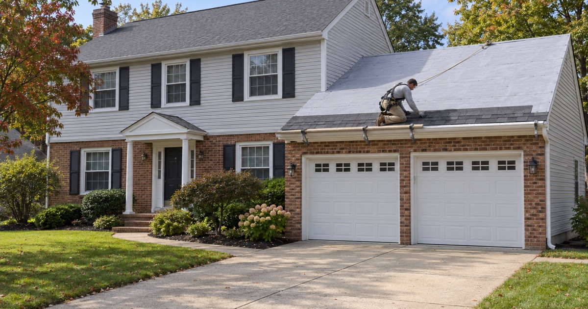 A roofer setting the first course of new shingles along the garage eave of a 1980s colonial in East Brunswick Township.