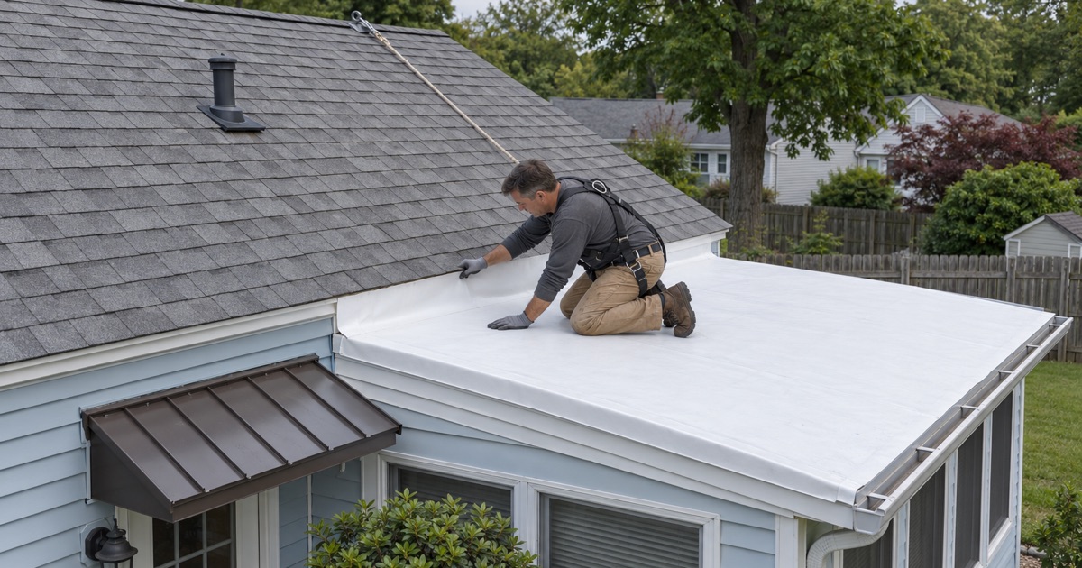 White membrane on a low sunroom roof being lapped under the shingles of an East Brunswick Township ranch, a small metal entry roof beside it.