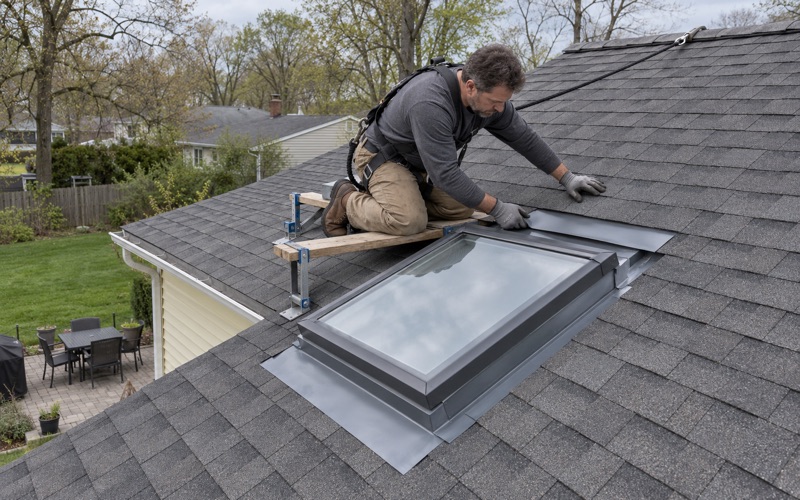 A roofer tucking the head flashing of a new skylight under the shingles on an East Brunswick Township ranch.