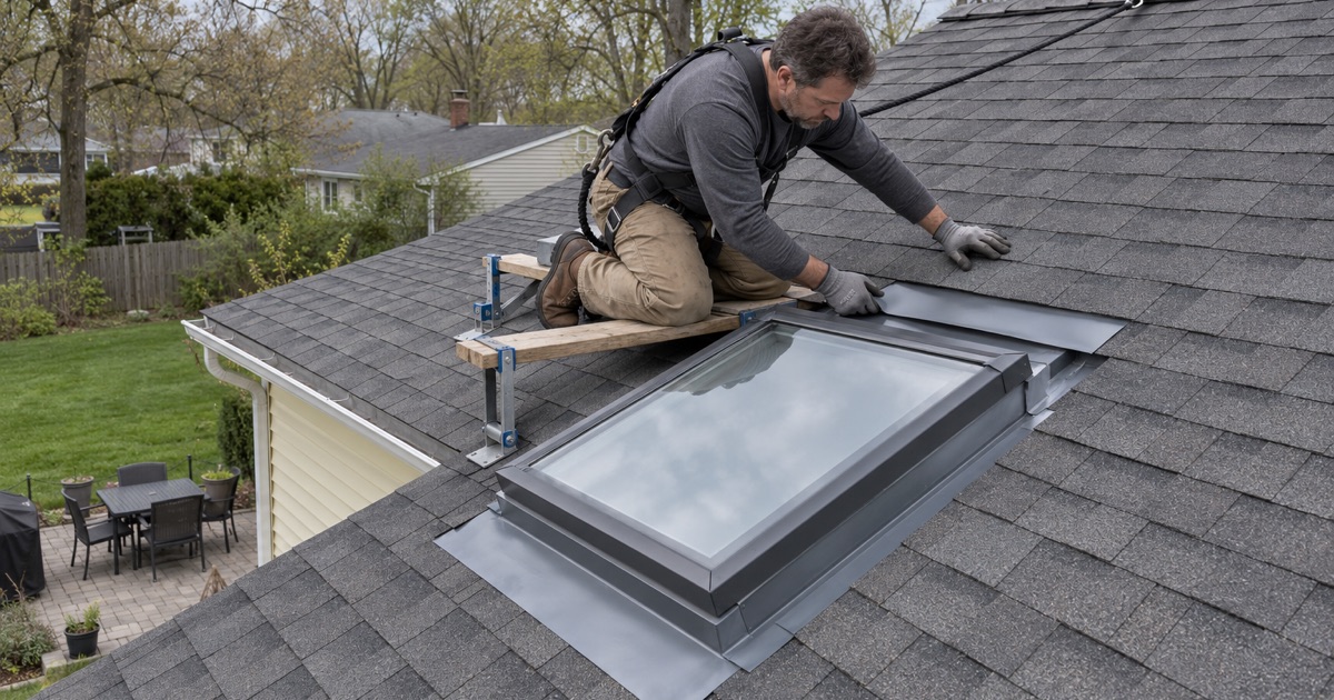 A roofer tucking the head flashing of a new skylight under the shingles on an East Brunswick Township ranch.