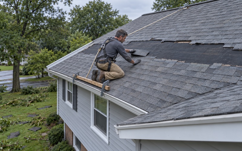 A roofer replacing a row of shingles a windstorm tore off an East Brunswick Township split-level.