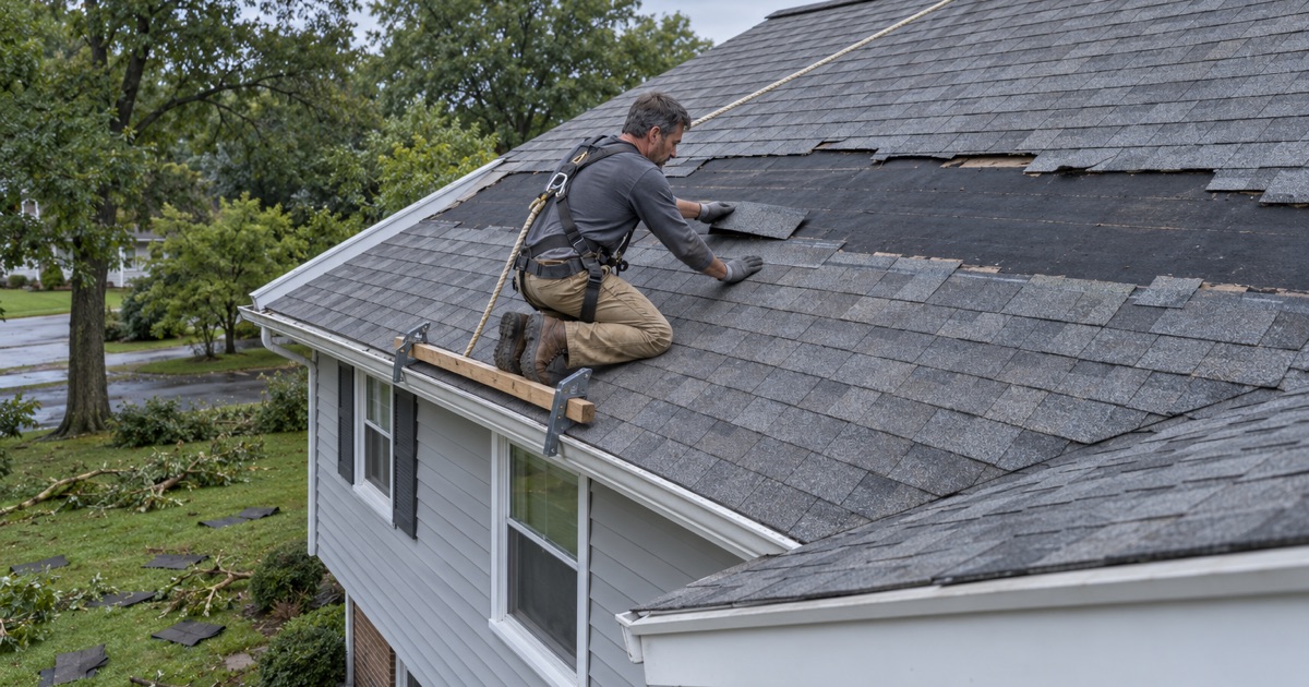 A roofer replacing a row of shingles a windstorm tore off an East Brunswick Township split-level.