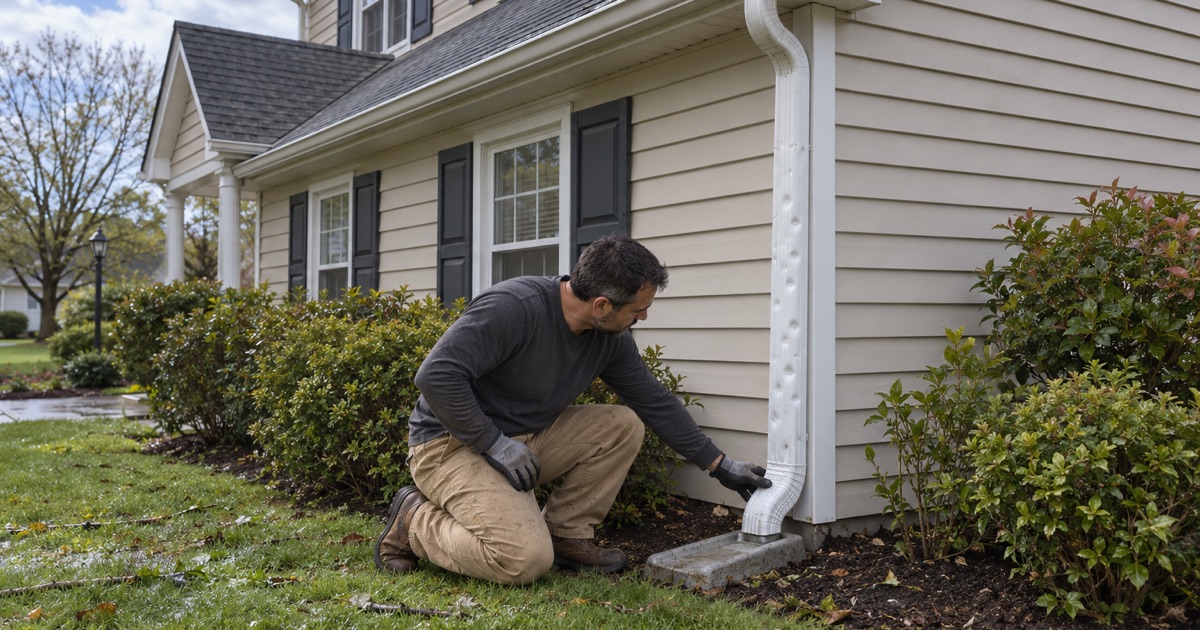A roofer checking hail dents on a downspout at the corner of an East Brunswick Township colonial after a storm.